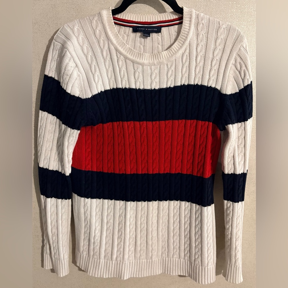 Tommy Hilfiger White, Red, and Blue Crew Neck Sweater